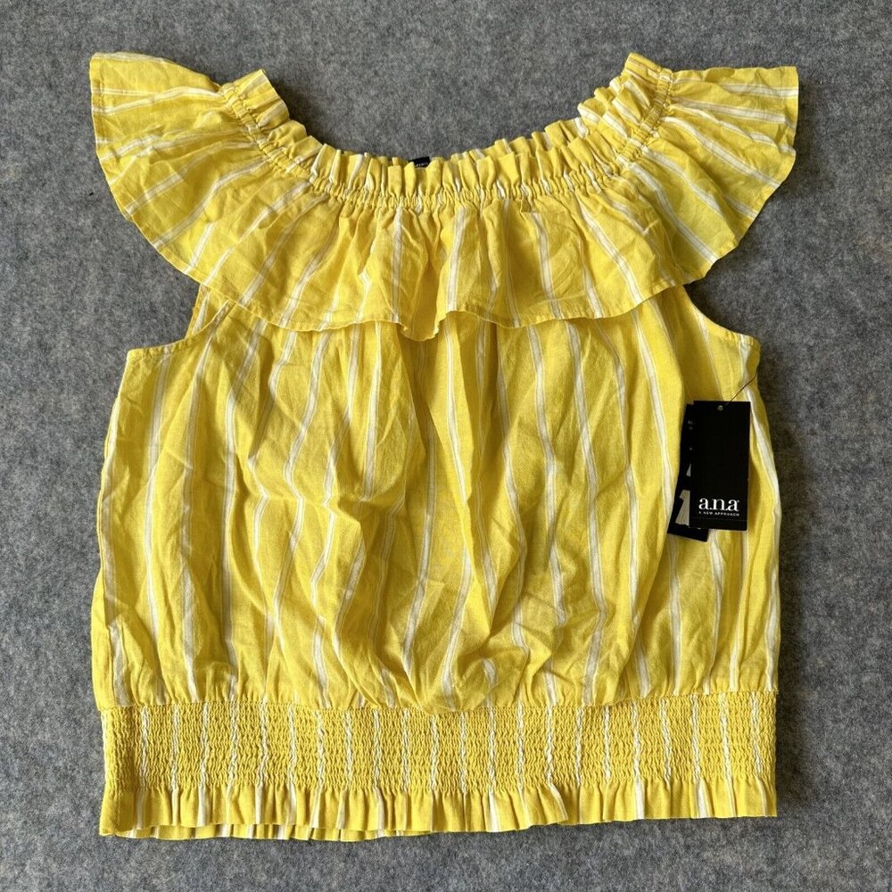 New NWT A.n.a Top Womens Large Yellow Maize Striped Convertible Blouse Shirt